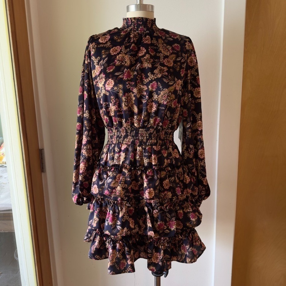 NEW 1.STATE Women's Tiered Mock Neck Mini Dress-Woodblock Floral-Long Sleeve-Med